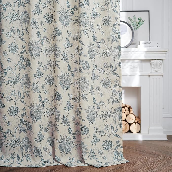 jinchan Linen Floral Curtains for Living Room with Printed Flower 108 Inches Long Light Filtering Extra Long Back Tab Rod Pocket Blue Window Curtain Set Farmhouse Drapes, 2 Panels Blue
