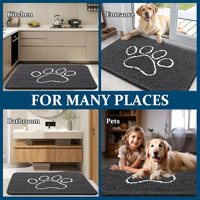OLANLY Dog Door Mat for Muddy Paws 47x17, Paw Print Design, Absorbs Moisture and Dirt, Absorbent Non-Slip Washable Doormat, Quick Dry Chenille Mud Mat for Dogs, Entry Indoor Entryway Carpet, Dark Grey