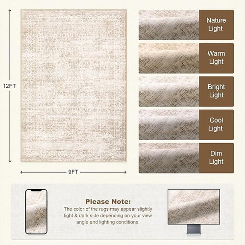 Area Rugs 9x12 Living Room Rug: Washable Rug Soft Vintage Boho Carpet Indoor Floor Non-Slip Stain Resistant Large Carpets for Bedroom Dining Room Farmhouse Nursery Home Office Beige
