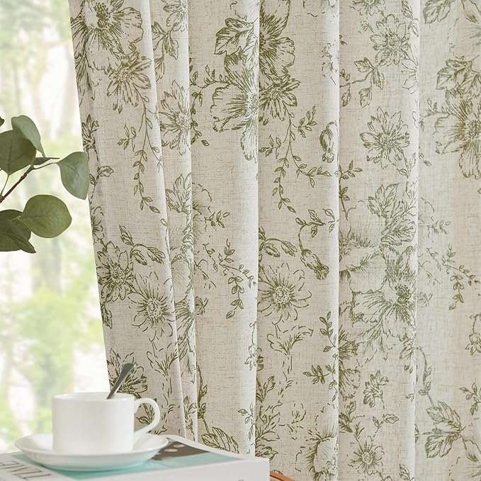 jinchan Linen Floral Curtains 63 Inch Length for Living Room Bedroom Light Filtering Farmhouse Peony Flower Drapes Rustic Window Curtain Set Rod Pocket Back Tab 2 Panels Green