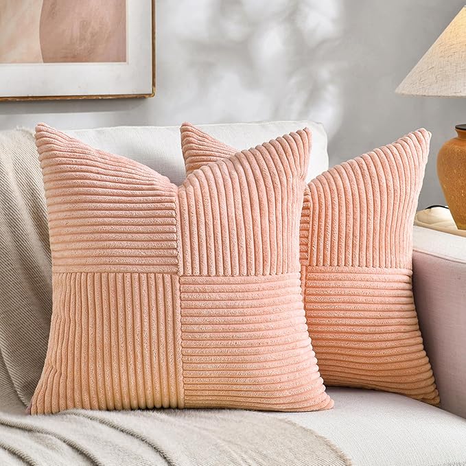 Fancy Homi 2 Packs Peach Samll Decorative Throw Pillow Covers 14x14 Inch with for Couch Bed Sofa, Rustic Farmhouse Boho Home Decor, Soft Corss Patchwork Corduroy Square Cushion Case 35x35 cm