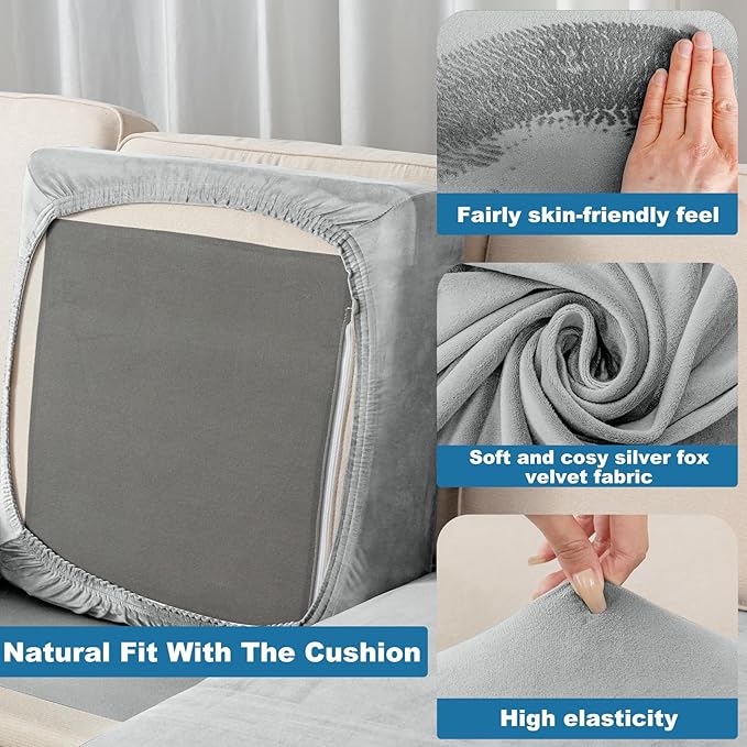 Couch Cover 6-Piece Elastic Velvet Couch Cushion Covers & Chaise Slipcovers for L-Shaped Sofas - Sofa Seat Covers Washable, Soft Protector for Couches (5 Seater + Chaise, Light Grey)