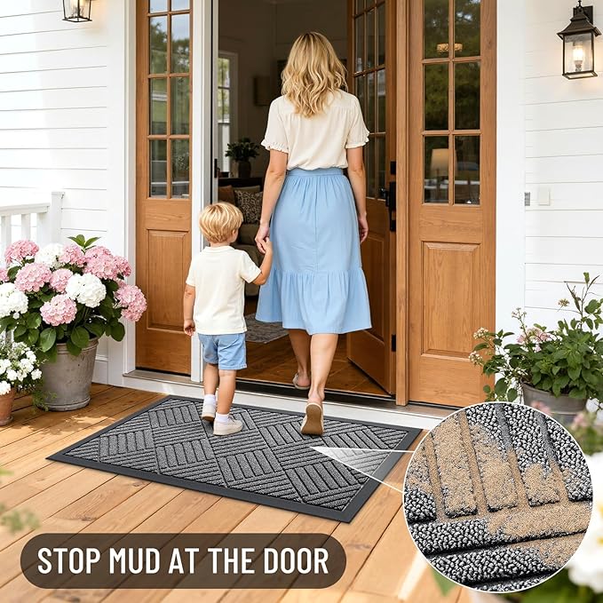 OLANLY Front Door Mat Outside Entrance 47x32, Absorbent, Heavy Duty Sturdy Natural Rubber Doormat Indoor Outdoor, Stain and Fade Resistant, Non-Slip Low Profile Floor Mat for Entryway, Grey Diamond