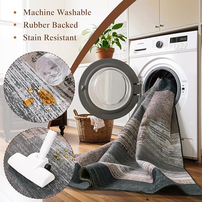 LIANLAM 6x9 Washable Area Rugs for Living Room and Bedroom, Vintage Checkered Pattern Non-Slip Carpet, Stain Resistant Low Pile Soft Rug for Dining Room,Office,Nursery,Kids Room(6x9,Gray)