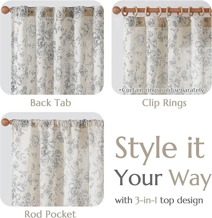 jinchan Linen Blend Curtain Floral Curtains for Living Room 63 Inch Length Grey Printed Curtain Rod Pocket Back Tab Farmhouse Peony Flower Patterned Drapes Bedroom Window Curtains Set 2 Panels