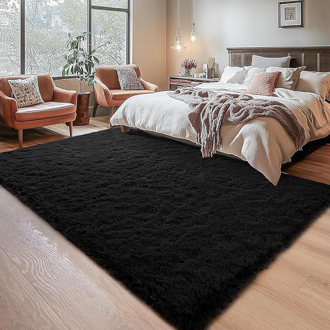 Chicrug Soft Area Rugs for Bedroom Living Room Plush Fluffy Rug 9x12 Feet, Shag Furry Area Rug Carpet Non Shedding for Nursery Children Kids Girls Room Home Decorative, Black