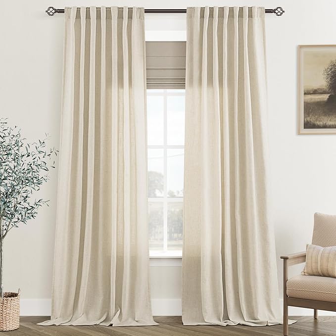 Faux Linen Beige Curtains 120 inches Long for Living Room Rustic Farmhouse Linen Drapes Semi Sheer Burlap Textured Canvas Cloth Curtain Panels Set of 2 Kahki Tan Colored