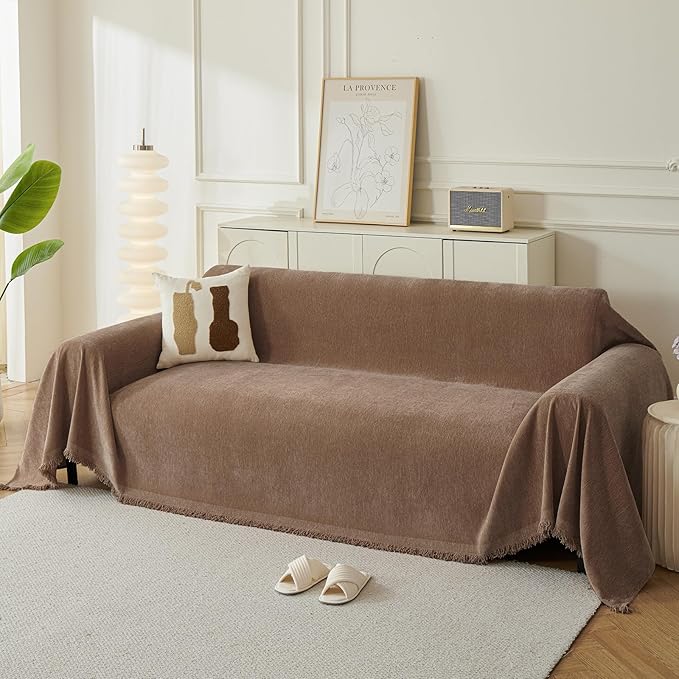 Couch Cover for Dogs, Boho Sofa Covers for 2 Cushion Couch, Chenille Sofa Slipcover for Pets Washable, L-Shape Sectional Couch Loveseat Cover Soft Throw Blankets with Tassels(71x102,Coffee)