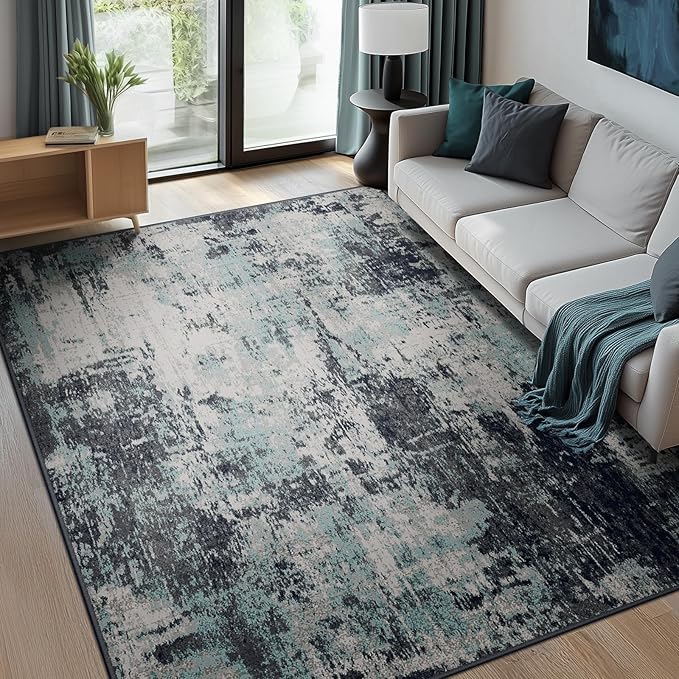 Washable Area Rugs 5'x8' Non-Slip Modern Abstract Soft for Living Room Entryway Bedroom Nursery, Print Pattern, Blue Black Teal