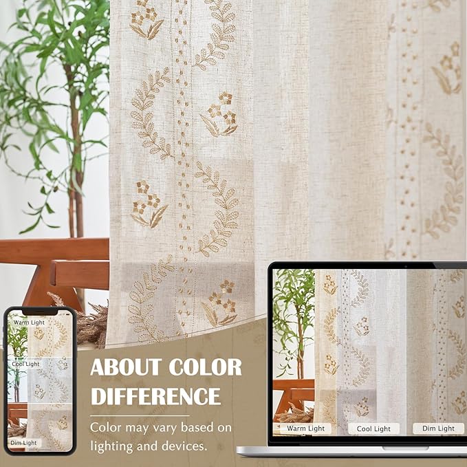 jinchan Belrose Linen Curtains for Bedroom Floral Curtains 72 Inch Length Linen Blend Beige Embroidered Drapes Farmhouse Flower Patterned Drapes for Living Room Window Treatments Set 2 Panels