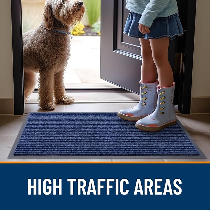 OLANLY Front Door Mat Indoor Outdoor Entrance, Waterproof Heavy Duty Doormat, Fade Resistant, Low Profile, Easy Clean Patio Porch Welcome Floor Mats for Entry, 47x17, Blue