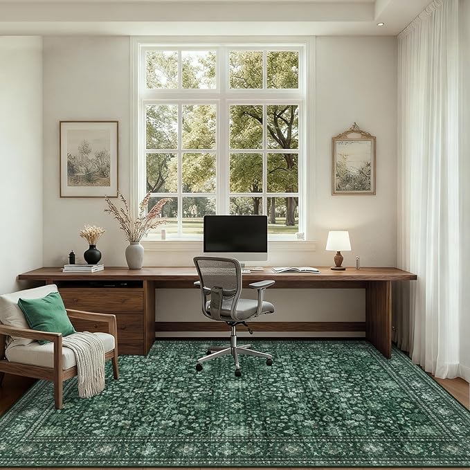 Area Rugs 10x14 Living Room Rug: Washable Rug Soft Vintage Distressed Floral Carpet Indoor Non-Slip Stain Resistant Large Carpets for Bedroom Dining Room Farmhouse Nursery Home Office Deep Green