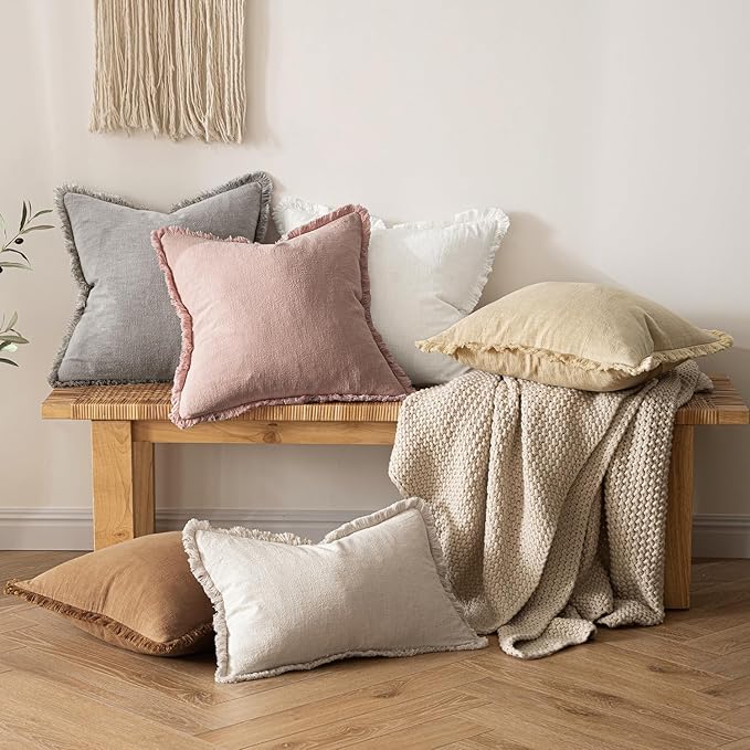 MIULEE Decorative Lumbar Throw Pillow Covers Neutral Linen Fringe Throw Pillows Set of 2 White Boho Farmhouse Cushion Covers with Tassels for Couch Sofa Bed Living Room Spring Decor 12x20 Inch