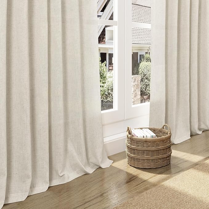Nanspring Vanilla Linen Curtains 96 Inches Long for Living Room Modern Farmhouse Decor Luxury Light Filtering Semi Sheer Curtain Back Tab Coastal Drapes for Bedroom Office 52x96, 2 Panels