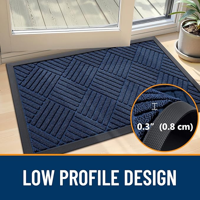 OLANLY Front Door Mat Outside Entrance 35x23, Absorbent, Heavy Duty Sturdy Natural Rubber Doormat Indoor Outdoor, Stain Fade Resistant, Non-Slip Low Profile Floor Mat for Entryway, Navy Blue Diamond