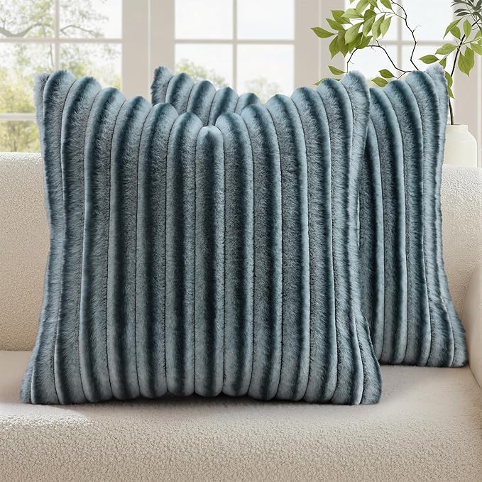 decorUhome Cozy Faux Fur Throw Pillow Covers 18x18 Set of 2 Decorative Soft Plush Striped Modern Farmhouse Boho Couch Pillow Cases with Velvet Back for Sofa Bed Living Room, Blue Grey