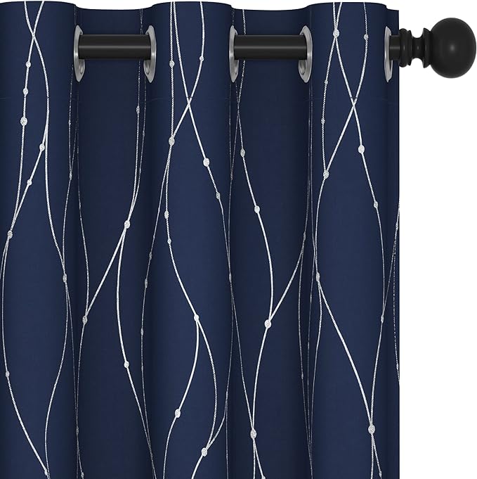 Deconovo Short Kitchen Curtains, Navy Blue Blakcout Curtain 38 x 36 Inch, Thermal Insulated Soundproof Drapes with Silver Wave Dots Prit, Grommet Top, Machine Washable for Nursery Bedroom Living Room