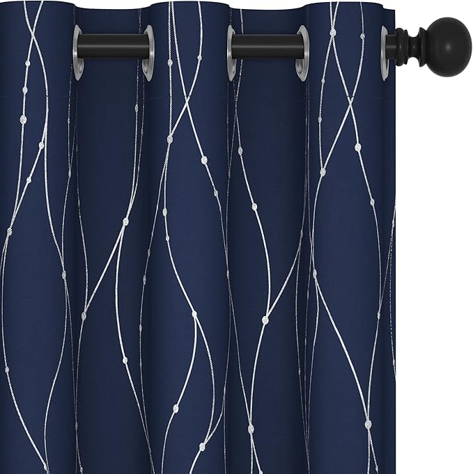 Deconovo Navy Blue Curtains, Blackout Curtain for Bedroom, 42 x 95 Inch, Thermal Insulated Soundproof Privacy Drapes with Silver Wave Dots Pattern, Grommet Top, Machine Washable Panel for Living Room