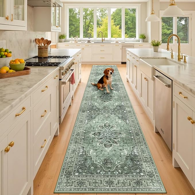 Area Rugs 3'x10' Runner Rug Non Slip Washable for Kitchen Hallway Bedroom Beside Laundry Room Bathroom Rug, Floor Carpet, Dark Green Gray
