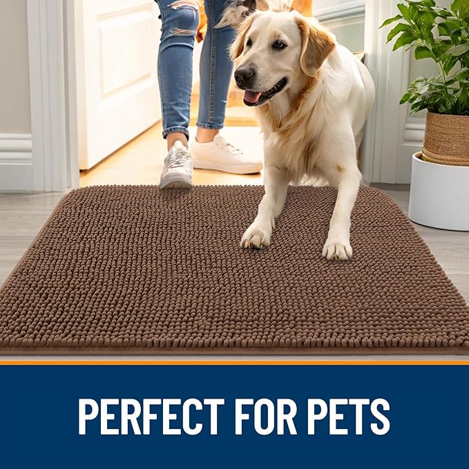 OLANLY Dog Door Mat for Muddy Paws 30x17, Absorbs Moisture and Dirt, Absorbent Non-Slip Washable Doormat, Quick Dry Chenille Mud Mat for Dogs, Entry Indoor Entryway Carpet for Inside Floor, Mocha