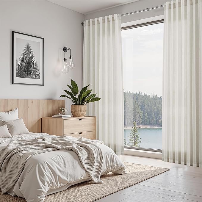 Nanspring Mousse White Linen Curtains for Living Room 108 Inches Long Simple Modern Light Filtering Semi Sheer Curtain Back Tab Coastal Decor Floor to Ceiling High Window for Bedroom 52x108, 2 Panels