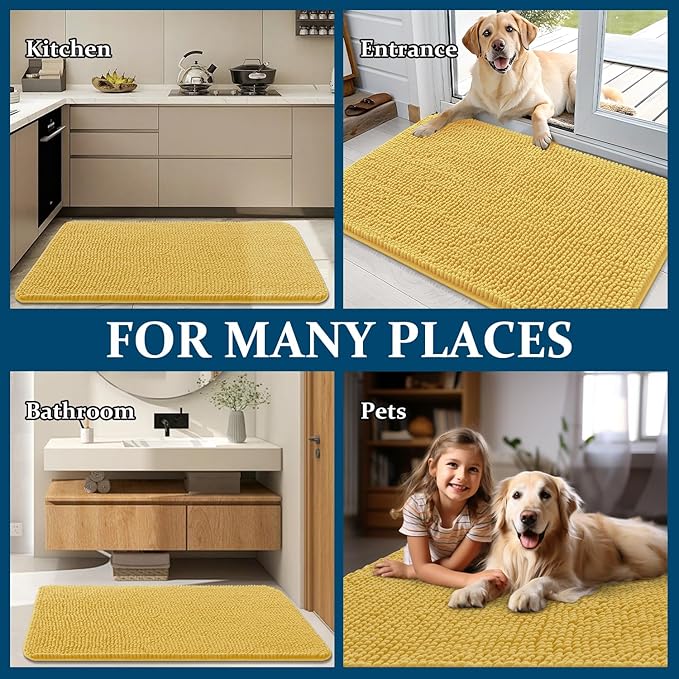 OLANLY Dog Door Mat for Muddy Paws 35x24, Absorbs Moisture and Dirt, Absorbent Non-Slip Washable Doormat, Quick Dry Chenille Mud Mat for Dogs, Entry Indoor Entryway Carpet for Inside Floor, Yellow