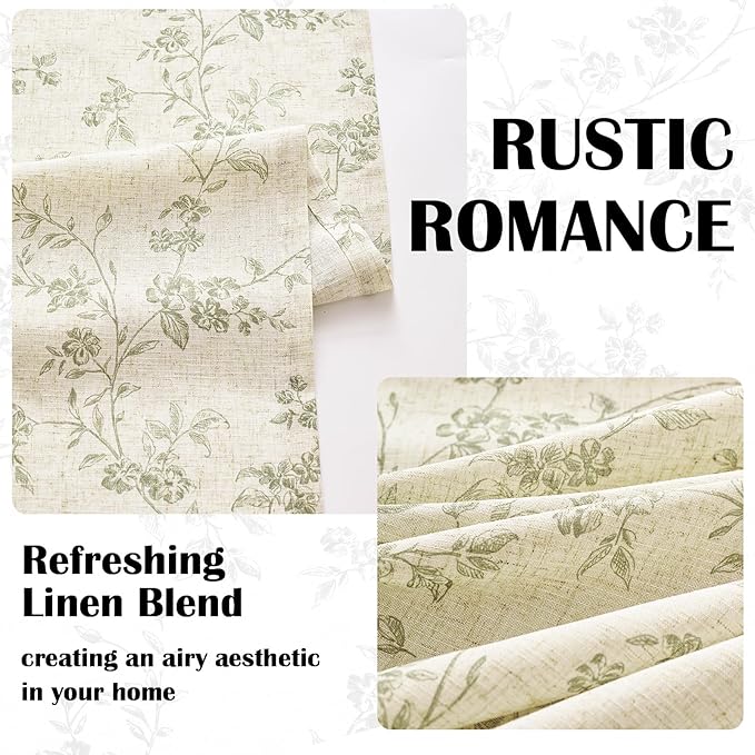 Lazzzy Farmhouse Linen Curtains Green Floral Curtains 96 Inch Length Back Tab Drapes for Living Room Bedroom Light Filtering Country Vintage Rod Pocket Curtain, 2 Panels, Green on Beige