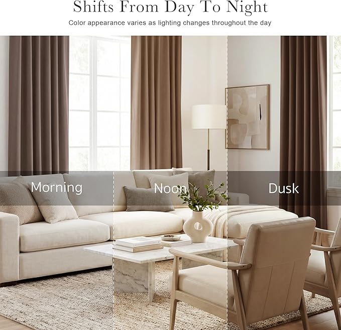 PONY DANCE Kitchen Curtains 45 Long - Window Drapes Light Filter Short Panels for Bathroom Easy Install with Back Tab & Rod Pocket Top, W 52 x L 45 Inches, Mocha, Double Panels