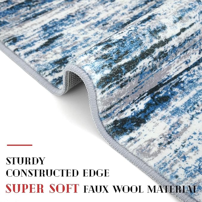 Lansny Modern Abstract Runner Rug 2x6, Grey Blue White Washable Kitchen Runner Non-Slip Soft Hallway Rug Runner Thin Print Faux Wool Carpet for Entryway Bedroom Laundry Room Indoor Home Decor
