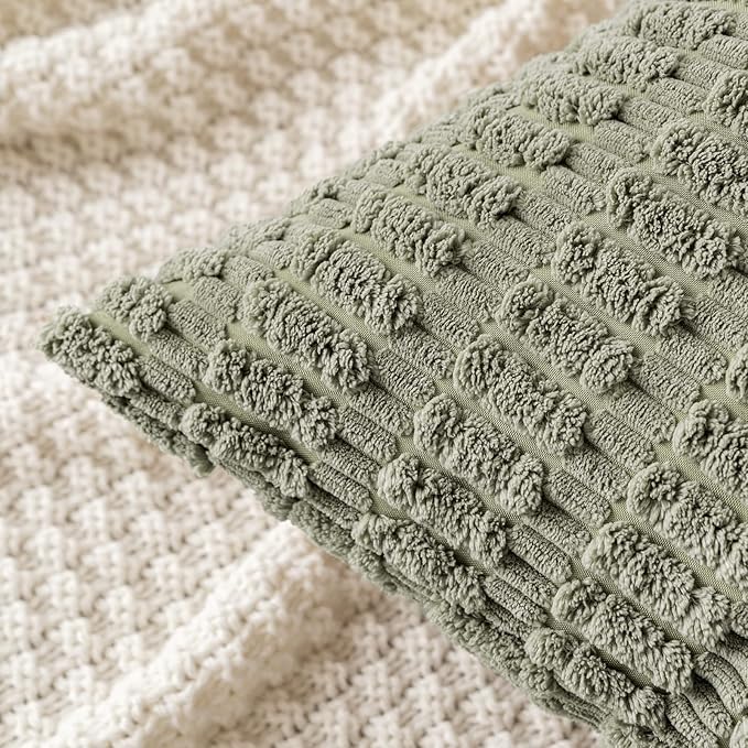 MIULEE Pack of 2 Corduroy Decorative Throw Pillow Covers 18x18 Inch Soft Boho Striped Pillow Covers Modern Farmhouse Home Decor for Summer Sofa Living Room Couch Bed Light Olive Green