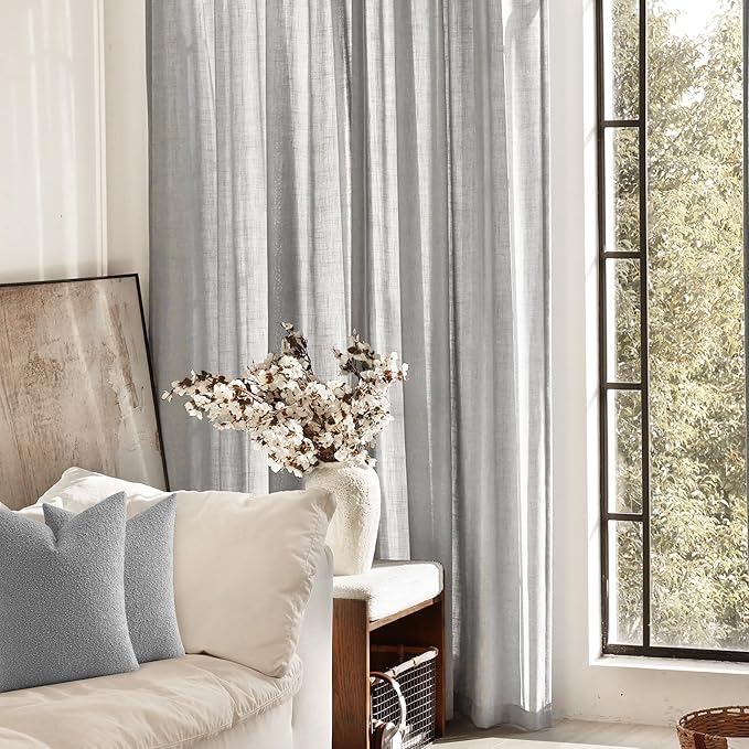 Linen Blend Grey Curtains for Living Room Back Tab Modern Farmhouse Semi Sheer Light Gray Curtains 120 inches Long 2 Panels Set Muted Neutral Cotton Texture Window Curtain for Dining Room Bedroom
