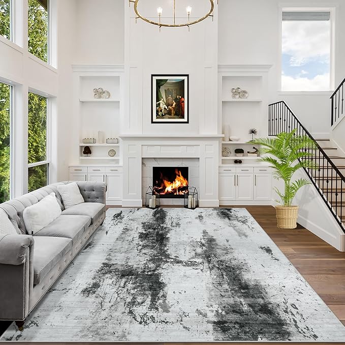 8x10 Area Rugs Washable Rug: Modern Abstract Living Room Rug Soft Anti-Skid Thin Carpet Indoor Floor Non-Shedding Carpets for Bedroom Dining Room Farmhouse Nursery Home Office Black White Grey