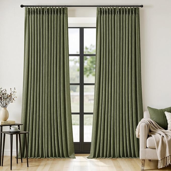 MIULEE Olive Green Pinch Pleated Thick Linen Curtains 108 Inches Long 2 Panels Set for Living Room Bedroom, Linen Texture Drapes Pleat Semi Sheer Moss Green Foor to Ceiling Curtains with Hooks&Rings