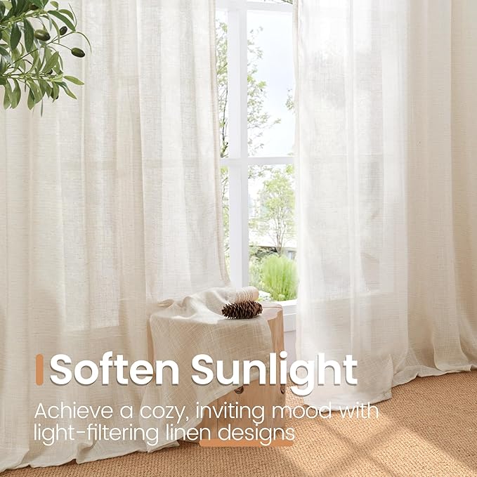 BGment 36 Inch Length Oatmeal Linen Curtains for Kitchen Window - Small Half Drapes Light Filtering Semi Sheer Natural Textured with Rod Pocket for Cafe Bathroom, 2 Panels Set, 30 X 36 Inch