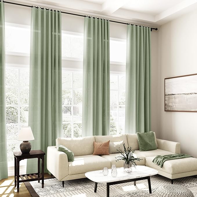 Nanspring Light Sage Linen Curtains 96 Inches Long 2 Panels Set for Living Room Rod Pocket Back Tab Semi Sheer Light Filtering Protect Privacy Pale Green Curtain for Bedroom Floor Length 52x96
