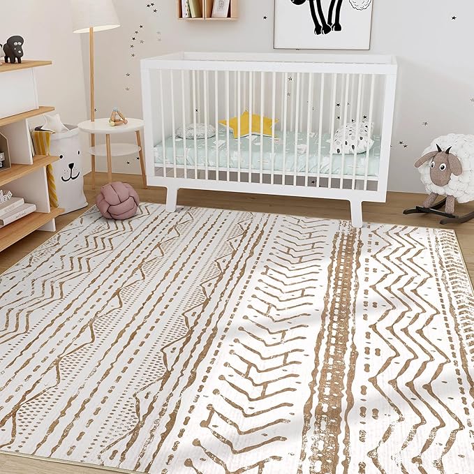 Nakagishi Area Rug Living Room Rugs: 5x7 Machine Washable Boho Large Neutral Farmhouse Stain Resistant Moroccan Indoor Carpet for Bedroom Nursery Dorm Classroom Playroom Dining Room House-Brown White