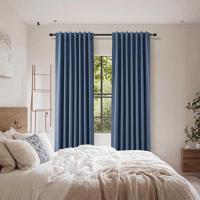 Guken 100% Blackout Curtains 90 Inch Length 2 Panels Set for Living Room Bedroom Back Tab Thermal Insulated Black Out Linen Drapes Room Darkening Window Curtains 90 Inches Long,Denim Blue