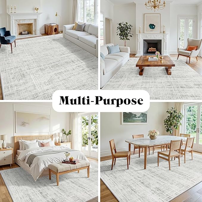 10x12 Area Rugs Washable Rug: Anti-Skid Abstract Modern Living Room Rug Soft Thin Carpets Indoor Floor Non-Shedding Carpet for Bedroom Dining Farmhouse Nursery Home Office (White Gray, 10'x12')