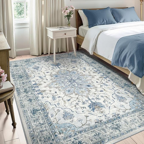Area Rugs 5'x8' Washable Non-Slip, Floral Vintage Distress Print Pattern Medallion Carpet for Living Room Bedroom Dining Room, Light Blue Navy Beige Gray White