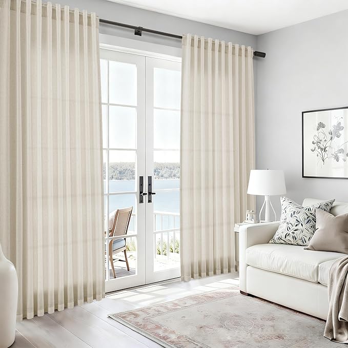 Nanspring Vanilla Linen Curtains for Living Room 108 Inches Long Modern Farmhouse Decor Light Filtering Semi Sheer Curtain Back Tab Luxury Floor to Ceiling High Window for Bedroom 52x108, 2 Panels
