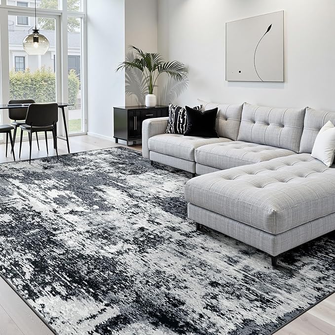 Washable Area Rugs 8'x10' Non-Slip Modern Abstract Soft for Living Room Entryway Bedroom Nursery, Print Pattern, Black Navy Blue Gray