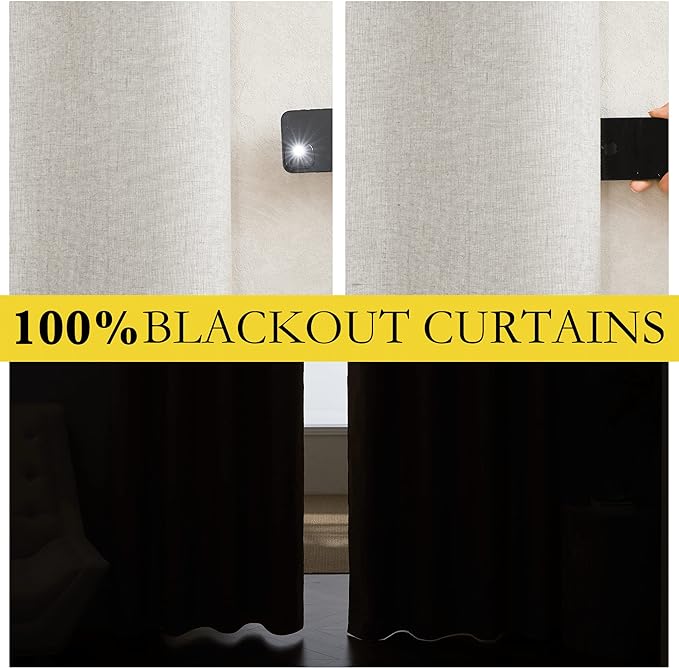 NICETOWN 100% Absolutely Blackout Linen Curtains with Thermal Insulated White Liner, Ivory, 52" Wide, 2 Pieces, Privacy Vertical Window Drapes for Office Laundry Living Room Windows 72 inch Long