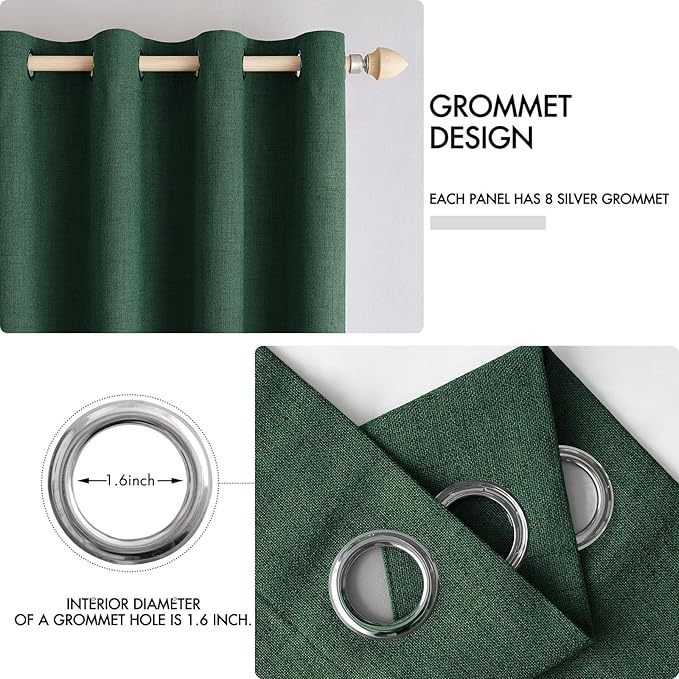 MIULEE Linen Curtains for Bedroom 100% Blackout Thermal Insulated Emerald Green Grommet Room Darkening Curtains & Drapes Christmas Decor for Living Room Nursery 52 x 90 Inch (2 Panels)