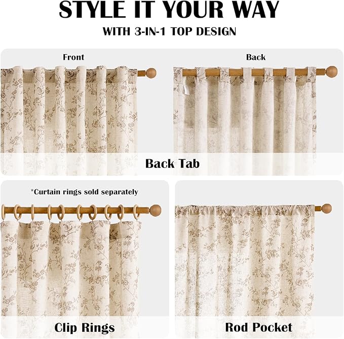 Lazzzy Farmhouse Linen Curtains Extra Long Taupe Floral Curtains 108 Inch Length Back Tab Drapes for Living Room Bedroom Light Filtering Country Vintage Rod Pocket, 2 Panels, Taupe on Beige