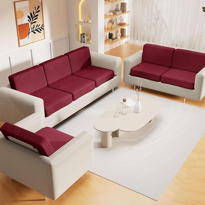 hyha Waterproof Couch Cushion Covers for Pets, Non Slip Sofa Seat Cover for Dogs Washable, Soft Thick Stretch Jacquard Fabric, Sofa Slipcovers with Elastic Bottom (1 Piece for Medium, Wine Red)