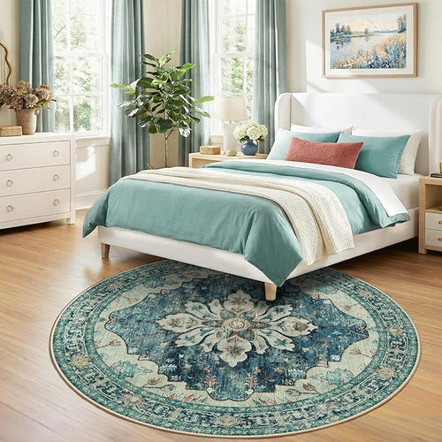 Area Rugs 7ft Washable Non-Slip, Floral Vintage Distress Print Pattern Medallion Carpet for Living Room Bedroom Dining Room, Dark Blue Vintage