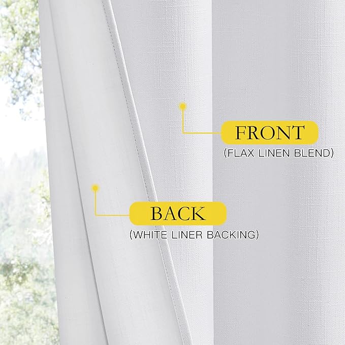 NICETOWN 100% Absolutely Blackout Linen Curtains with Thermal Insulated White Liner, White, W62, 2 Pieces, Noise Reducing Textured Linen Look Curtains for Windows 102 inch Length for Classroom