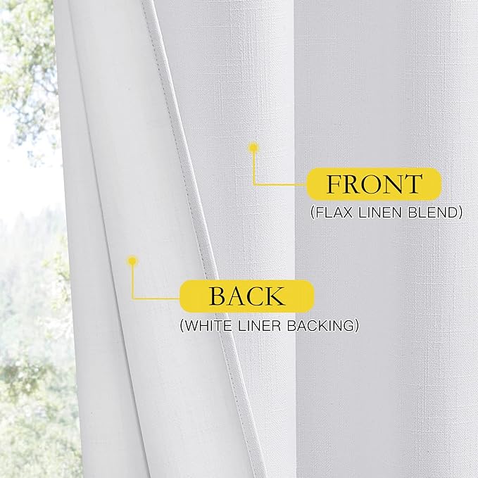 NICETOWN 100% Absolutely Blackout Linen Curtains with Thermal Insulated White Liner, White, 52 inches Wide, 108 inches Length Energy Saving Curtains for Living Room 2 Panels Set, Vertical Blinds