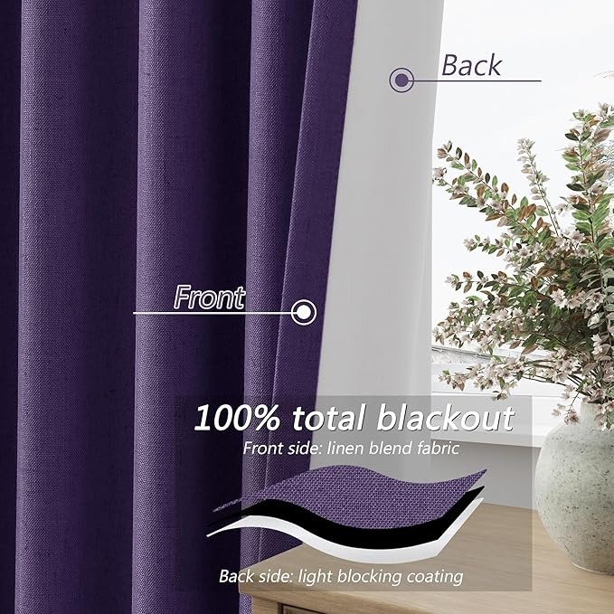 Guken 100% Blackout Curtains 84 Inch Length 2 Panels Set for Living Room Bedroom Back Tab Thermal Insulated Black Out Linen Drapes Room Darkening New Purple,52x84