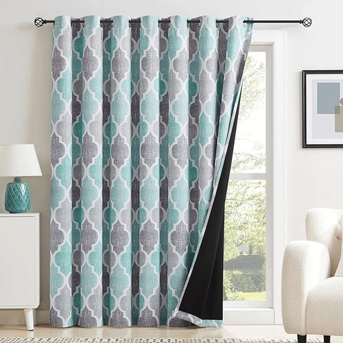 Beauoop 100% Blackout Curtains 96 Inches Long for Patio Sliding Door Aqua Grey Extra Wide Moroccan Geo Room Darkening Thermal Soundproof Room Divider Grommet Window Treatment Drapes,100x96 Set of 1